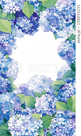 水彩で描かれた紫陽花が美しく広がるナチュラルなフレーム背景、柔らか