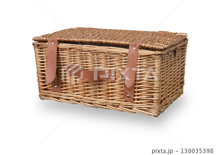 Retro style rattan picnic basket, Vintage picnic food storage box isolated on white Retro style rattan picnic basket, Vintage picnic food storage box isolated on white 138035398