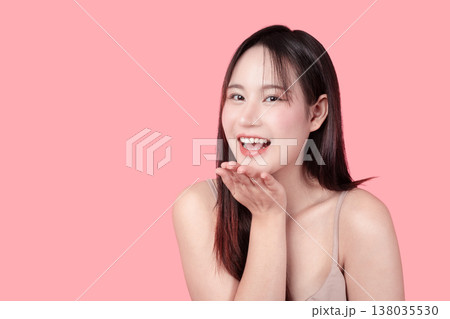 Beautiful Asian woman beauty model happy smile cheerful expression isolated for cosmetic banner 138035530
