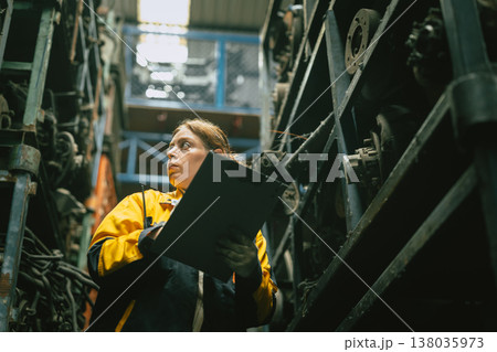 Technician adult women worker working in heavy industry, warehouse manager in garage scrap yard Technician adult women worker working in heavy industry, warehouse manager in garage scrap yard 138035973
