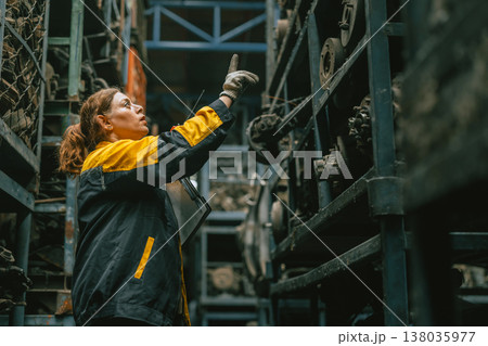 Technician adult women worker working in heavy industry, warehouse manager in garage scrap yard Technician adult women worker working in heavy industry, warehouse manager in garage scrap yard 138035977