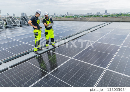 Professional Engineer Service Solar Panel. Worker Maintenance Cleaning Replacing Solar Panel. Professional Engineer Service Solar Panel. Worker Maintenance Cleaning Replacing Solar Panel. 138035984