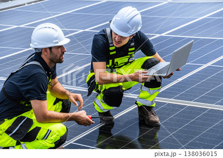 Professional Engineer Team Service Solar Panel. Worker Maintenance Cleaning Replacing Solar Panel. 138036015