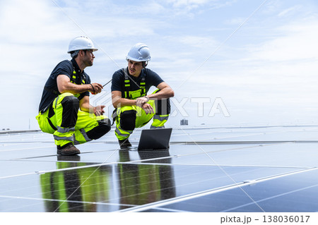 Professional Engineer Team Service Solar Panel. Worker Maintenance Cleaning Replacing Solar Panel. Professional Engineer Team Service Solar Panel. Worker Maintenance Cleaning Replacing Solar Panel. 138036017