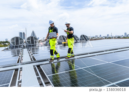Professional Engineer Team Service Solar Panel. Worker Maintenance Cleaning Replacing Solar Panel. Professional Engineer Team Service Solar Panel. Worker Maintenance Cleaning Replacing Solar Panel. 138036018