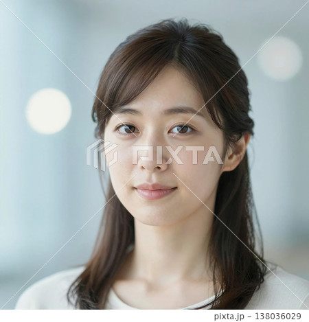 爽やかな日本人女性 青いボケ背景のポートレート　正方形6 138036029