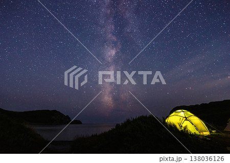 Tourist tent near the sea under the night sky with milky way. 138036126