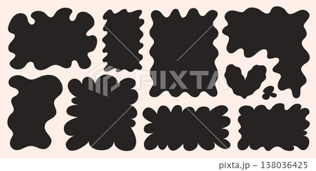 Organic rectangle shape frame square doodle set with bold wavy black forms on light background. Organic rectangle and square vector collection with hand drawn fluid edges 138036425