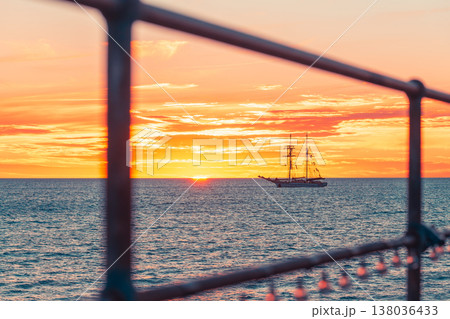 Sailing ship docked at Port Noarlunga at sunset, Adelaide, South Australia 138036433