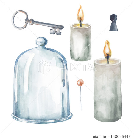 A set of watercolor elements for fortune telling and Halloween celebrations. Realistic illustration of lighted candles, a glass klosh, a rusty key, a pin and a keyhole. A clipart in natural colors A set of watercolor elements for fortune telling and Halloween celebrations. Realistic illustration of lighted candles, a glass klosh, a rusty key, a pin and a keyhole. A clipart in natural colors 138036448