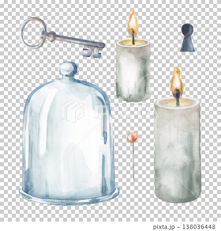 A set of watercolor elements for fortune telling and Halloween celebrations. Realistic illustration of lighted candles, a glass klosh, a rusty key, a pin and a keyhole. A clipart in natural colors A set of watercolor elements for fortune telling and Halloween celebrations. Realistic illustration of lighted candles, a glass klosh, a rusty key, a pin and a keyhole. A clipart in natural colors 138036448
