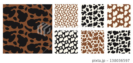 Animal seamless pattern with cow spot and dog fur in brown. Bold cowhide and dalmatian animal print with wild freeform blobs. Hand drawn vector set of monochrome organic scatter motifs for fabric 138036597