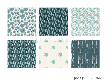 Seamless teal and green pattern with scattered garden leaves. Blue plant in a vector pattern collection of seamless tiles. Botanical leaves on beige and emerald for wallpaper and textile 138036637