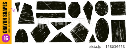 Rough crayon shapes with heavy texture and irregular tag look. Geometric shape set with triangle, rhombus, trapezoid, arch and oval. Uneven linocut vector elements for grunge callout tag and sticker Rough crayon shapes with heavy texture and irregular tag look. Geometric shape set with triangle, rhombus, trapezoid, arch and oval. Uneven linocut vector elements for grunge callout tag and sticker 138036638