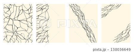 Black kintsugi cracks on beige background. Simple marble texture create luxurious abstract patterns with hand-drawn lines, perfect for elegant poster design. Vector modern interior decor concept 138036649