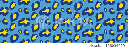 Blob animal glamour leopard pattern in bold blue and yellow. Freeform blob and rosette as modern vector on cobalt background. Trendy animalistic print with retro glam aesthetic for fashion apparel Blob animal glamour leopard pattern in bold blue and yellow. Freeform blob and rosette as modern vector on cobalt background. Trendy animalistic print with retro glam aesthetic for fashion apparel 138036650