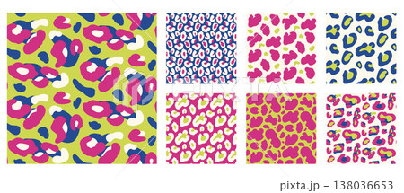 Animal pattern set with vibrant bold color for girly Y2K print. Seamless fuchsia and green animalistic pattern on blue background in kitsch. Vector repeat with punk naive scatter and freeform spots Animal pattern set with vibrant bold color for girly Y2K print. Seamless fuchsia and green animalistic pattern on blue background in kitsch. Vector repeat with punk naive scatter and freeform spots 138036653