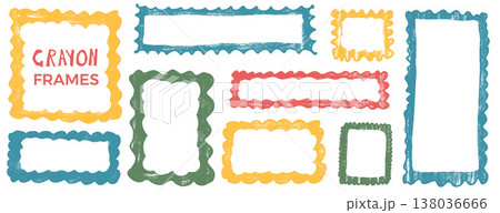 Playful wavy-edge picture border with crayon squiggle pattern, perfect for kids designs, invitations, text boxes and decorative background. Vector callouts and promo badges on transparent background Playful wavy-edge picture border with crayon squiggle pattern, perfect for kids designs, invitations, text boxes and decorative background. Vector callouts and promo badges on transparent background 138036666