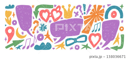 Funky speech bubbles and crayon quotation frames for talk designs. Hand drawn vector clouds, callouts, and marks look spontaneous and fun. Perfect for posters or stickers with red, purple, blue tone 138036671