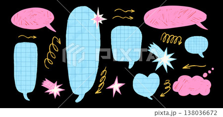 Paper cutout notebook chat bubbles. Heart, oval, rectangle shapes callout elements. Crayon speech dialogue comic talk effects with wrinkled paper texture. Vector blue, pink grid, ruled promo set 138036672
