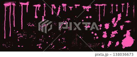 Graffiti spray drip and neon pink blob set on a dark background. Punk graffiti spray drips with splatter texture and ink splotch elements. Edgy vector collection for streetwear and music poster 138036673