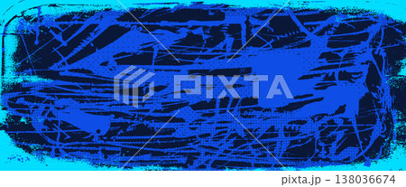 Grunge neon blue poster featuring halftone patterns, vibrant ink splashes, and rough urban textures. Modern graffiti banner with bold blue colors and street art elements. Vector half tone effect bg 138036674