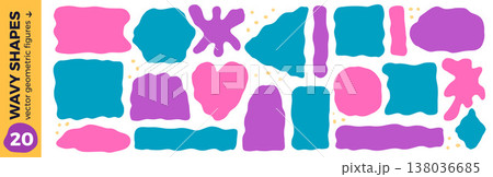 Irregular forms colorful geometric shapes. Wavy pink and purple rectangle, arch, square frames with blob for text. Arc, triangles box and blot. Flat set with heart, oval, quote block and stickers 138036685