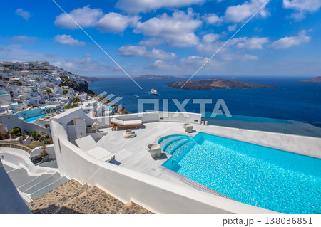 Santorini luxury hotel with sea view and swimming pool, white architecture on caldera, idyllic Mediterranean travel background 138036851