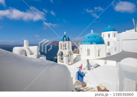 Sunny Oia Santorini Greece landscape, iconic blue domes and white architecture, scenic Mediterranean travel view Sunny Oia Santorini Greece landscape, iconic blue domes and white architecture, scenic Mediterranean travel view 138036860