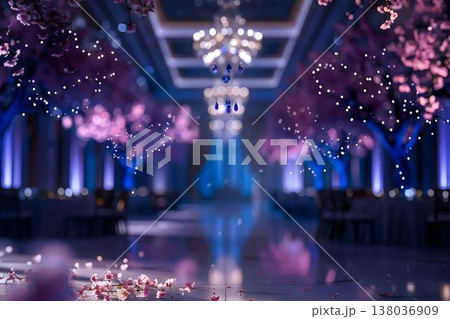 幻想的な夜桜の宴会場とシャンデリアの背景 138036909