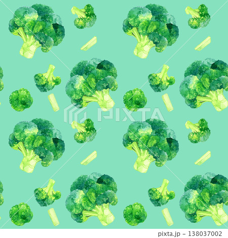 ブロッコリーのシームレスパターン　野菜の手描き水彩イラスト素材 138037002