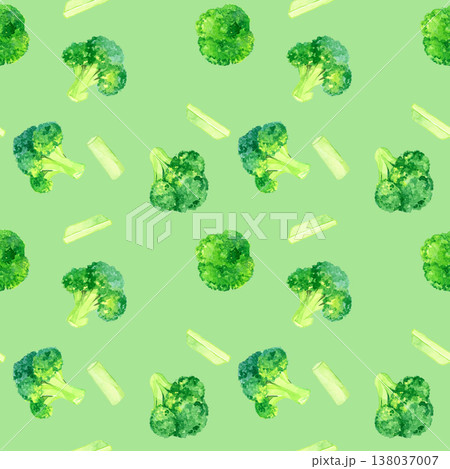 ブロッコリーのシームレスパターン 野菜の手描き水彩イラスト素材 ブロッコリーのシームレスパターン 野菜の手描き水彩イラスト素材 138037007
