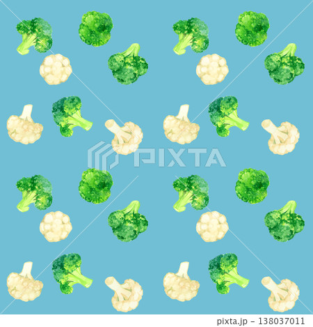 ブロッコリー＆カリフラワーのシームレスパターン　野菜の手描き水彩イラスト素材 138037011