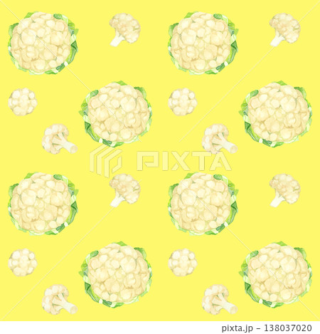 カリフラワーのシームレスパターン 野菜の手描き水彩イラスト素材 カリフラワーのシームレスパターン 野菜の手描き水彩イラスト素材 138037020