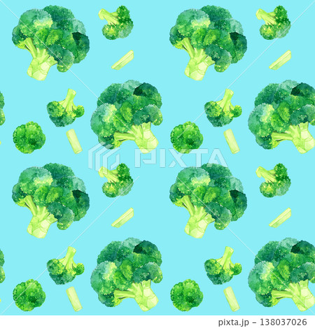 ブロッコリーのシームレスパターン 野菜の手描き水彩イラスト素材 ブロッコリーのシームレスパターン 野菜の手描き水彩イラスト素材 138037026