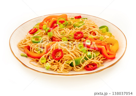 Hakka noodles with vegetables, peppers and green onions, on white Hakka noodles with vegetables, peppers and green onions, on white 138037054