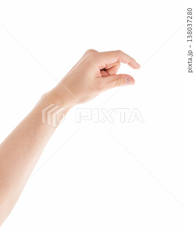 Adult man hand hold something with fingers isolated on white background 138037280