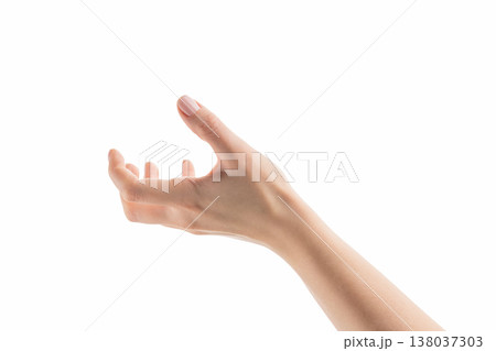 Young woman hand hold something isolated on white background Young woman hand hold something isolated on white background 138037303
