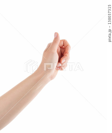 Young woman hand to hold something isolated on white background Young woman hand to hold something isolated on white background 138037315