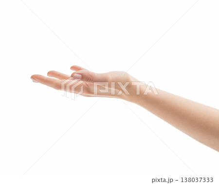 Young woman hand reaching isolated on white background 138037333