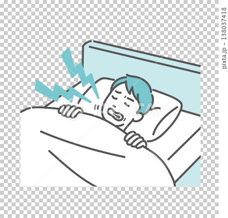 An illustration of a man sleeping in bed, grinding (clenching) his teeth (sleep disorder/stress). An illustration of a man sleeping in bed, grinding (clenching) his teeth (sleep disorder/stress). 138037418