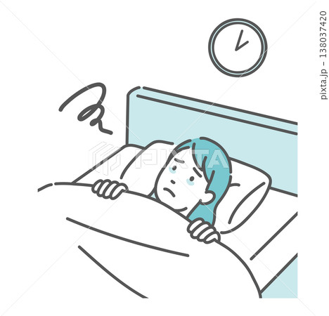 夜中に目が覚めて眠れない女性のイラスト（不眠症・睡眠障害） 138037420