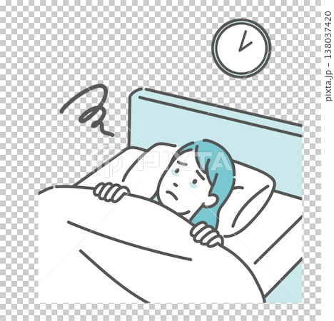 夜中に目が覚めて眠れない女性のイラスト（不眠症・睡眠障害） 138037420