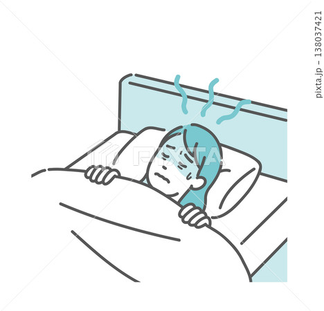 体調不良で寝汗をかいて寝苦しい女性のイラスト（発熱・更年期・熱帯夜） 138037421