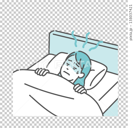 体調不良で寝汗をかいて寝苦しい女性のイラスト（発熱・更年期・熱帯夜） 138037421