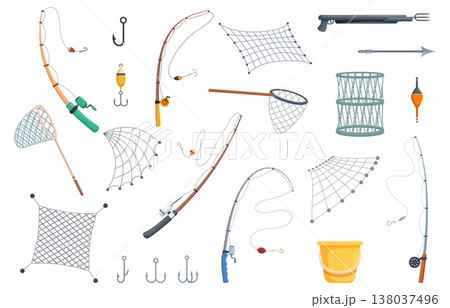 Fishing net and rod. Industrial fish catch equipment, nets, harpoon, rods, mesh underwater traps. Fisherman tools, hobby accessories, sapid vector set 138037496
