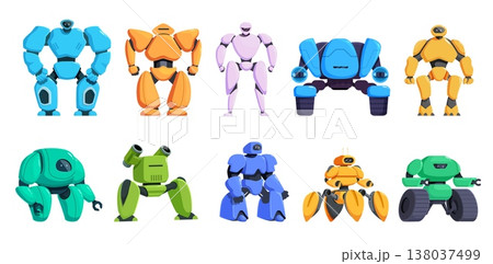 Cartoon cyborgs. Technology machines characters, futuristic warriors in armor with ai infrastructure. Transformer robots, children toys sapid vector set 138037499