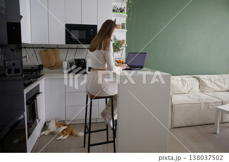 Nice woman using laptop sitting at desk while watching webinar, 138037502