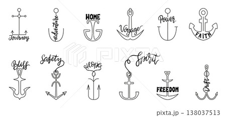 Anchor labels design. Decorative anchors with different phrases for design. Nautical style logo, sea ocean adventures, home symbols, neoteric vector set Anchor labels design. Decorative anchors with different phrases for design. Nautical style logo, sea ocean adventures, home symbols, neoteric vector set 138037513