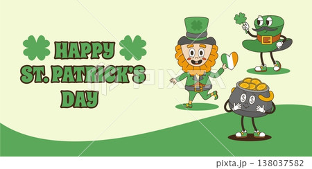 Saint patricks day groovy background. Leprechaun, green hat and cauldron pot with golden coins funny retro style characters, neoteric vector poster Saint patricks day groovy background. Leprechaun, green hat and cauldron pot with golden coins funny retro style characters, neoteric vector poster 138037582